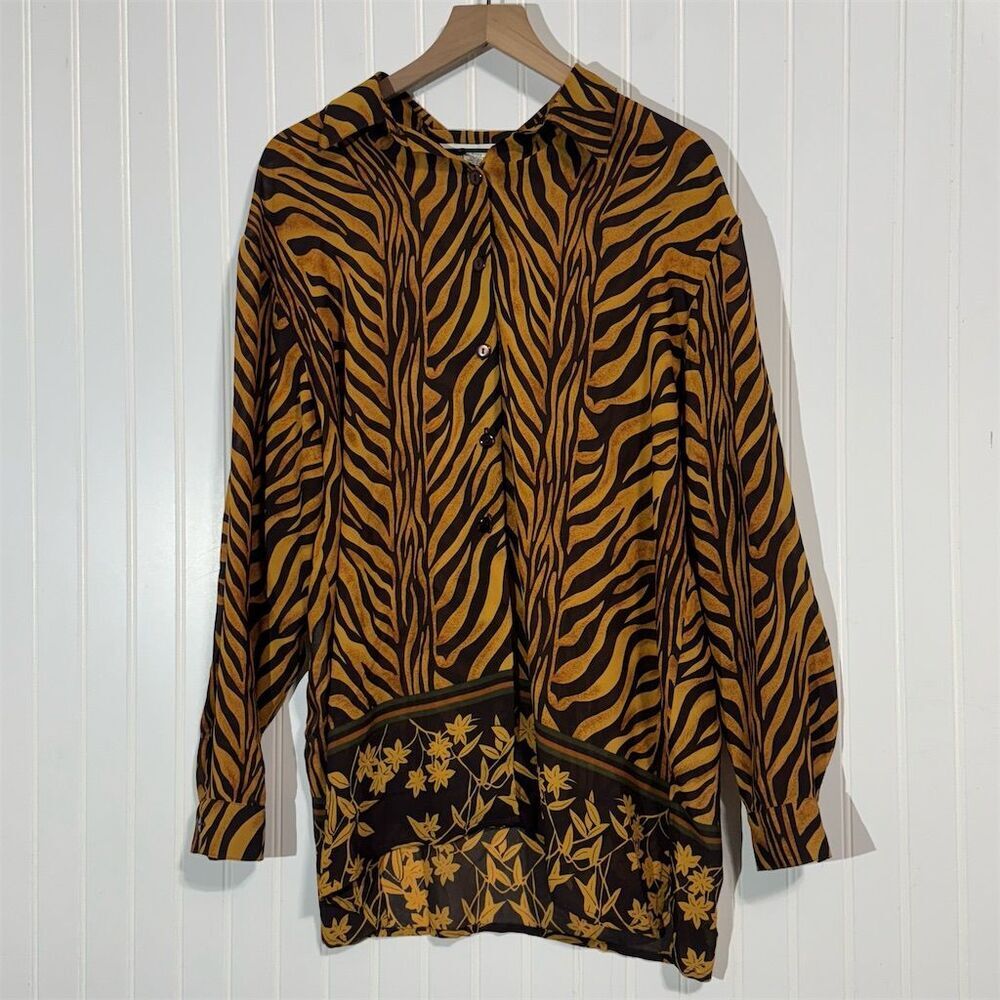 Vintage Gantos‎ Animal Print Blouse Medium Zebra Tiger Floral Button Down 90s